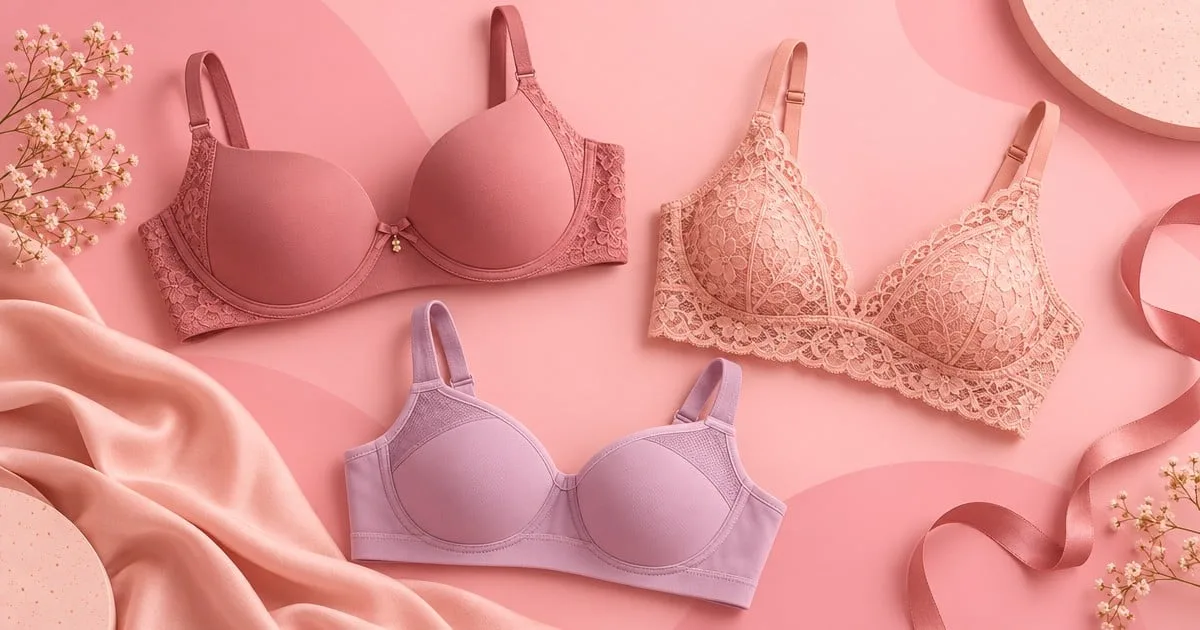 Três sutiãs em modelos diferentes, dispostos sobre fundo rosa com renda e tecidos delicados.